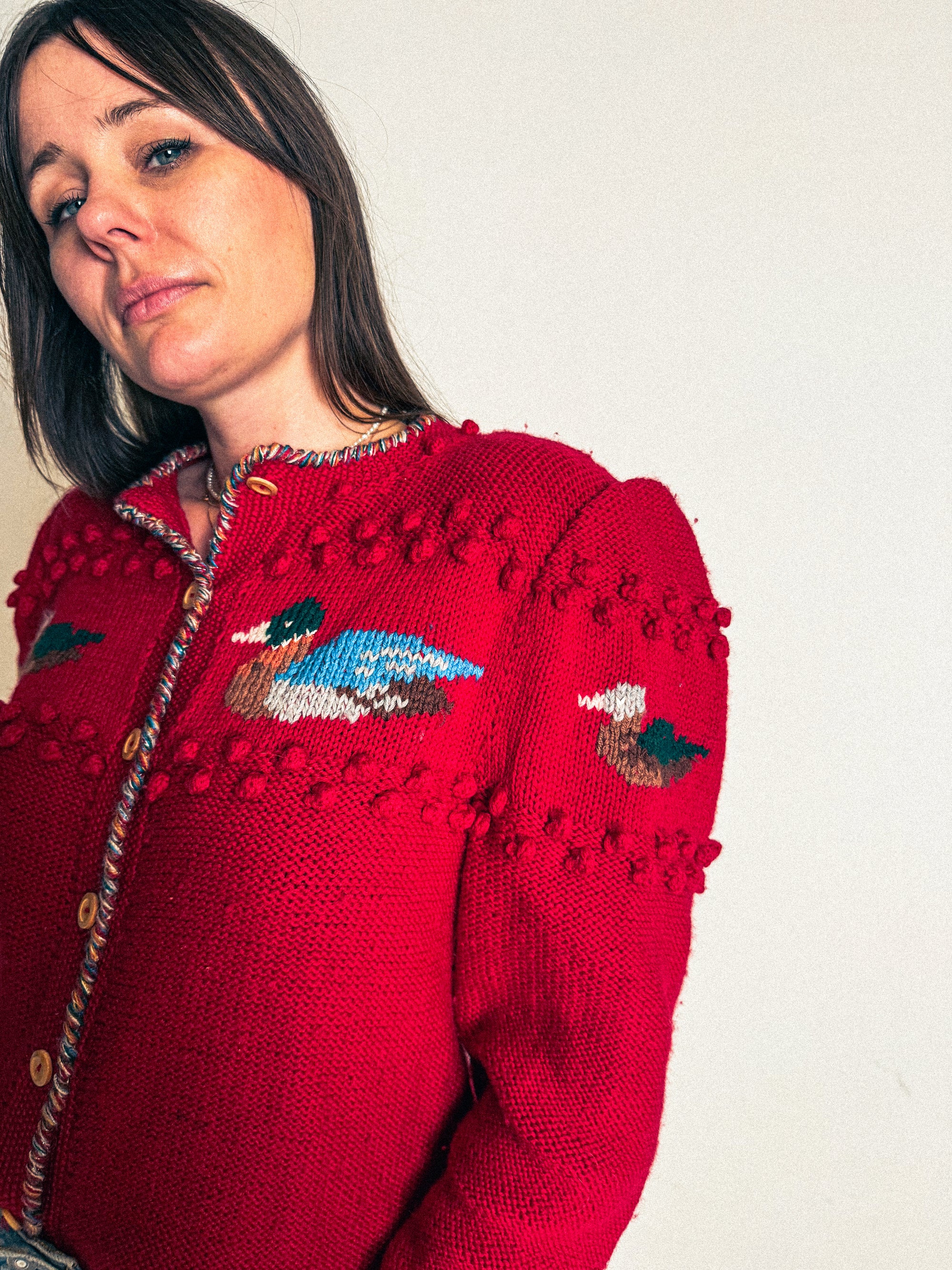 Vintage Woolen Folk Cardigan with Duck Motif by Pinelli