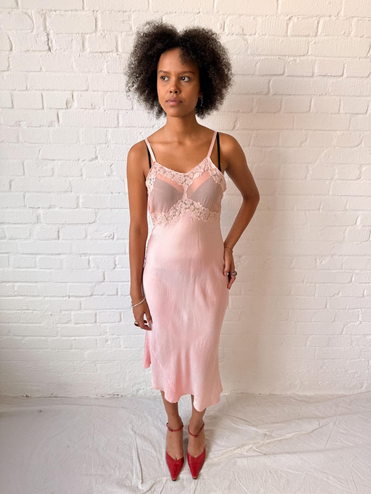 1930s–40s Bubblegum Pink Silk Satin Bias Cut Slip Dress with Lace