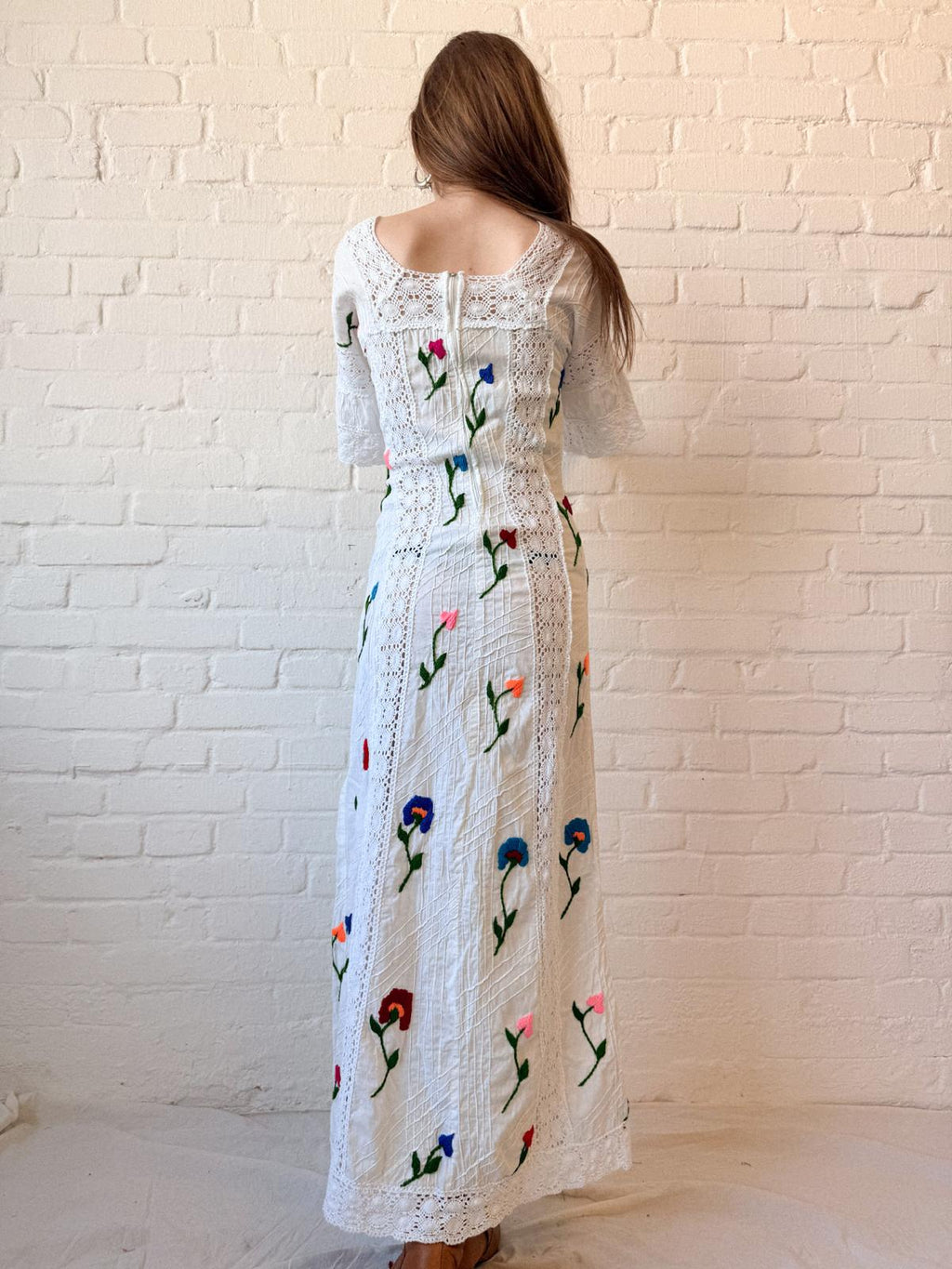 1970s Mexican-Style Embroidered Cotton & Crochet Maxi Dress