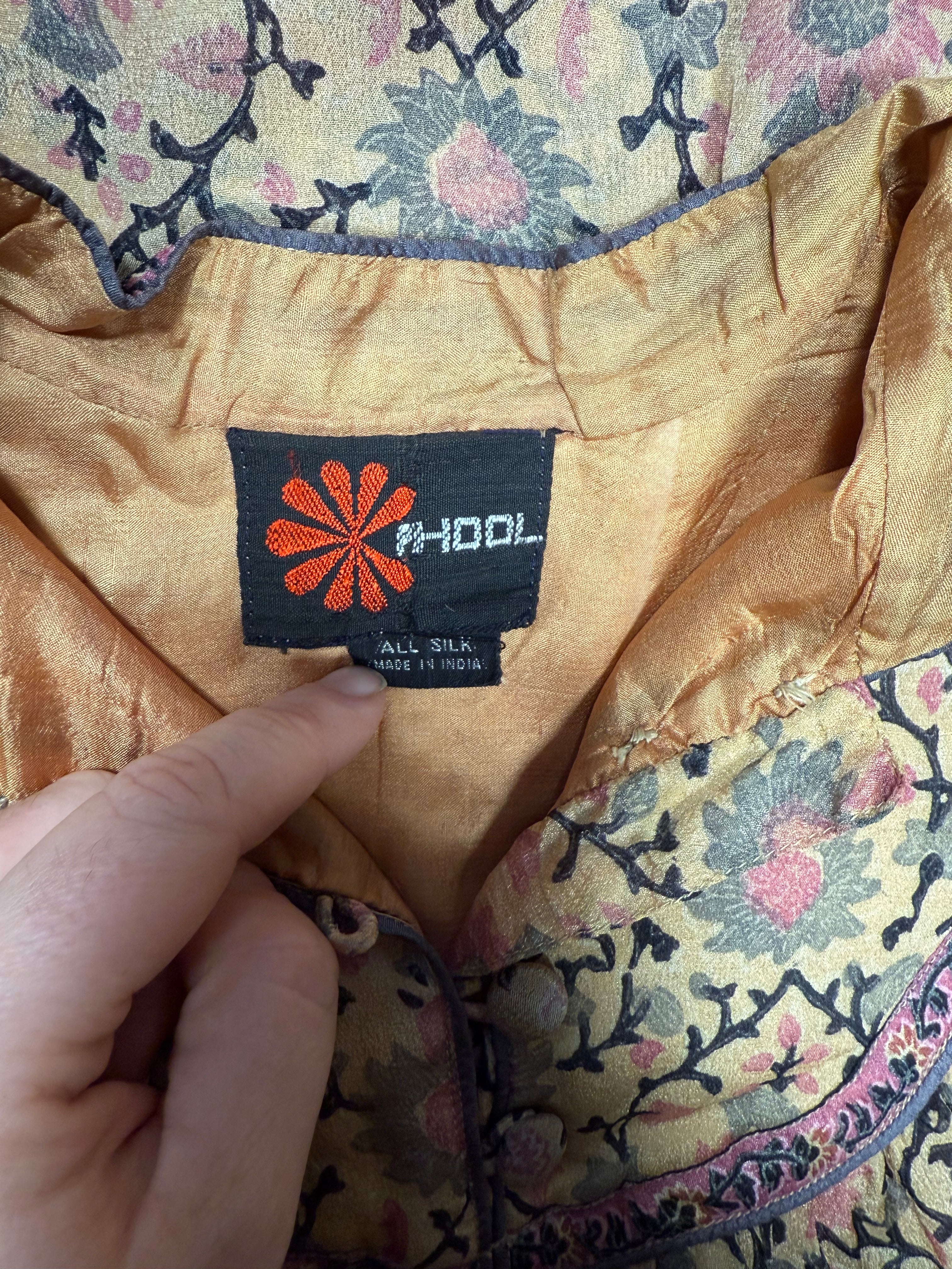 1970s Rare Phool 100% Silk Blockprint Tunic Dress- Free-Size