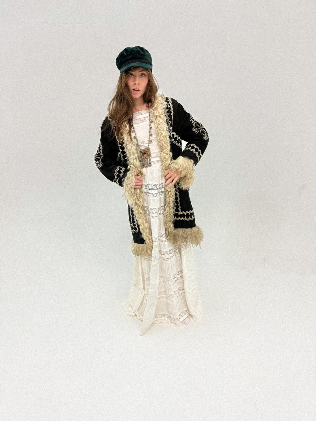 1960s/70s Inky Black Embroidered Afghan Shearling Coat with Lambswool Lining