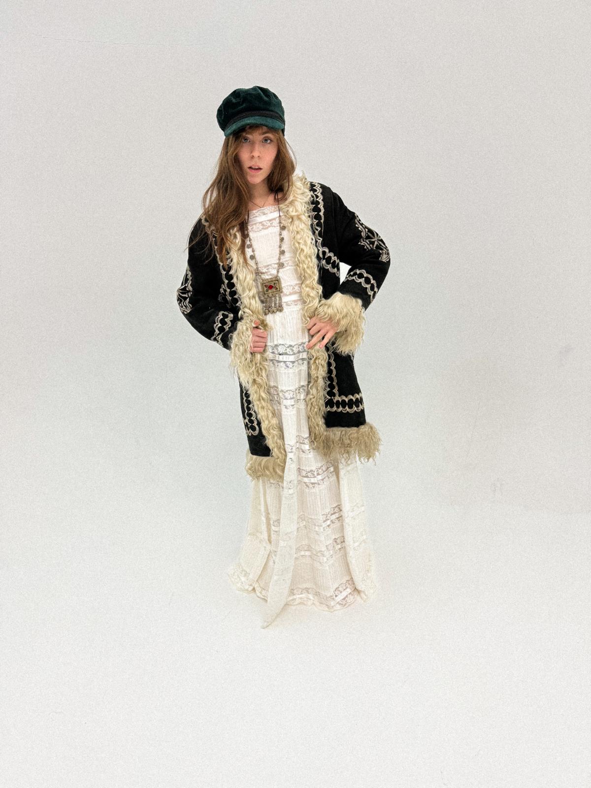 1960s/70s Inky Black Embroidered Afghan Shearling Coat with Lambswool Lining