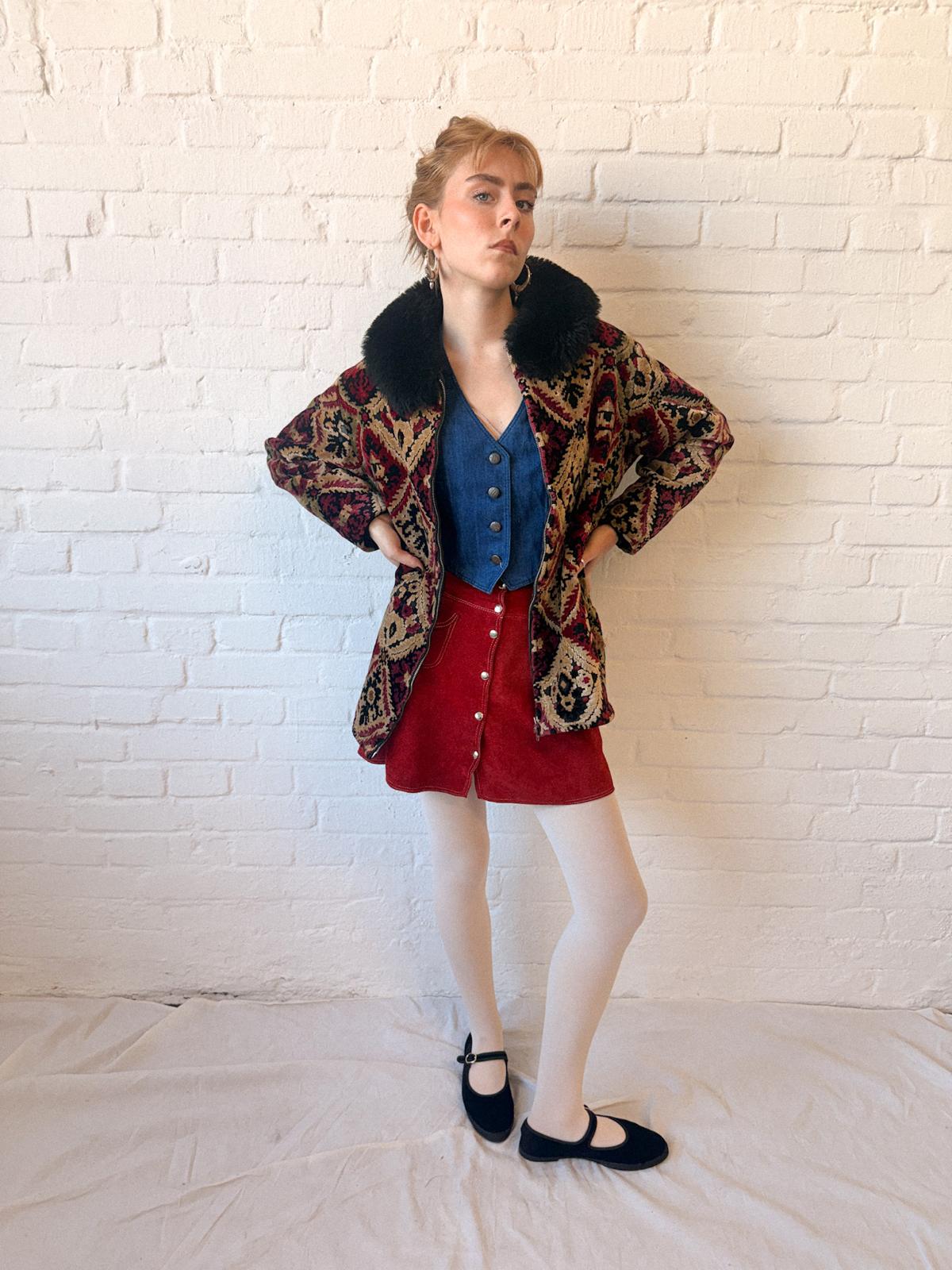 1960s Tapestry Chenille Ski Jacket with Faux Fur Collar