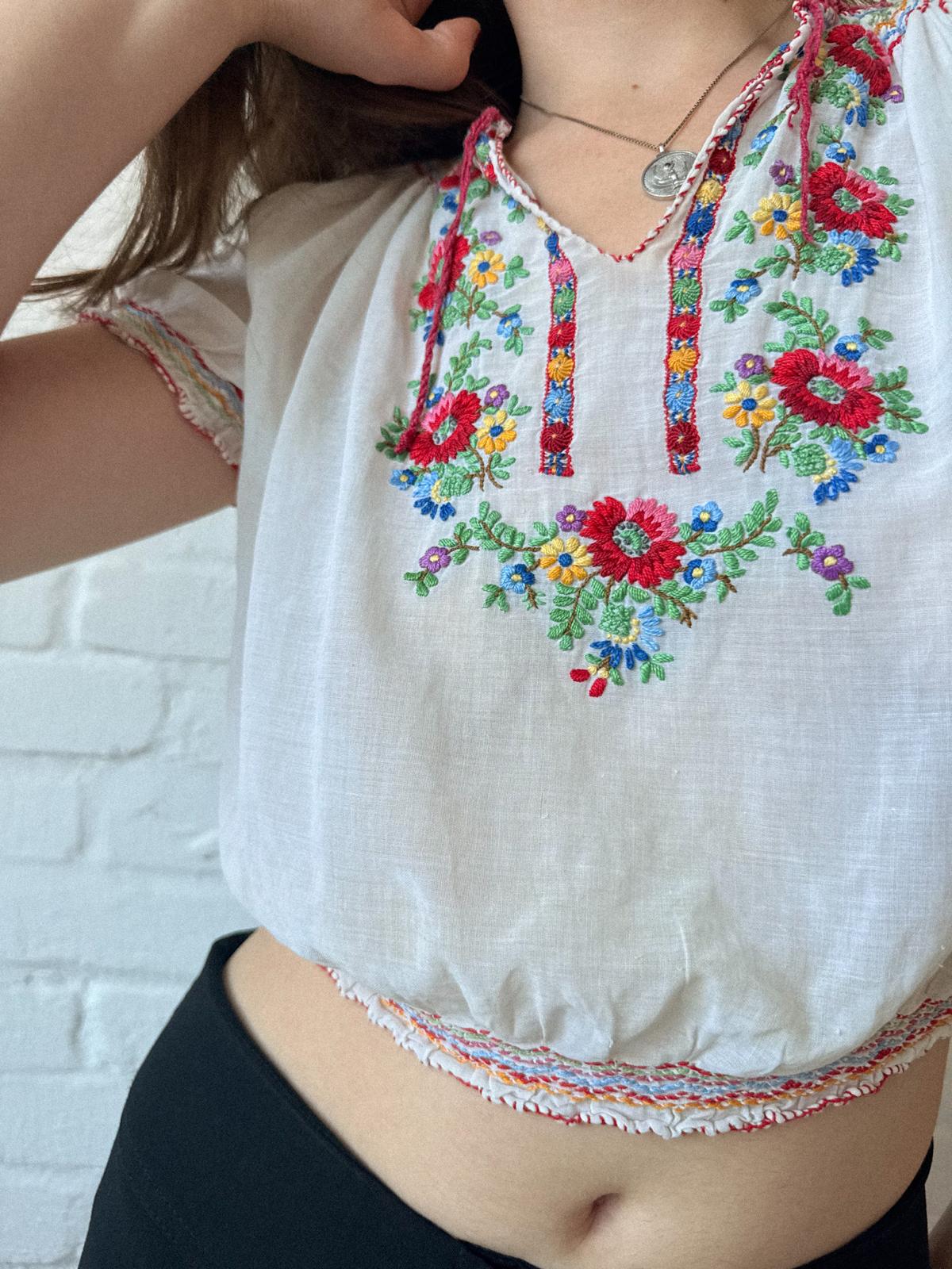 1930s–40s Hand-Embroidered Hungarian Cotton Gauze Folk Blouse