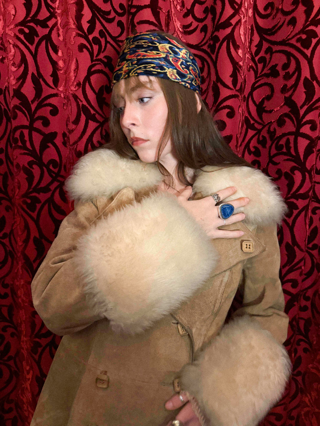 1970s Beige/Tan Suede Penny Lane Coat- Double-Breasted with Fur Collar and Cuffs