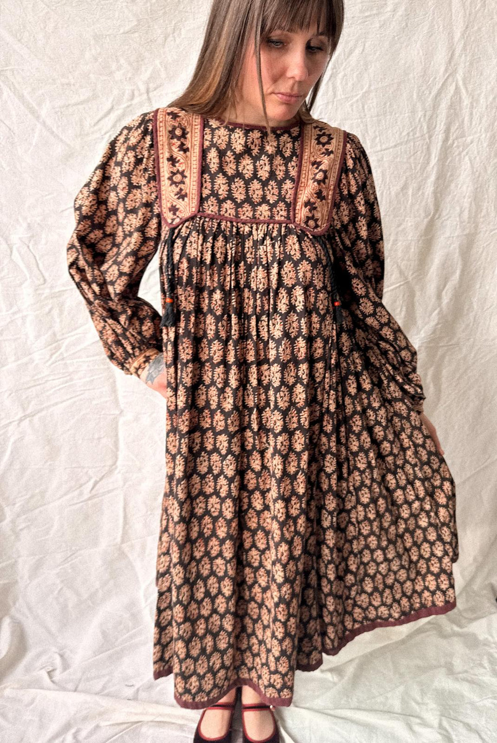 1970s Phool Hand Block Printed Cotton Midi Dress