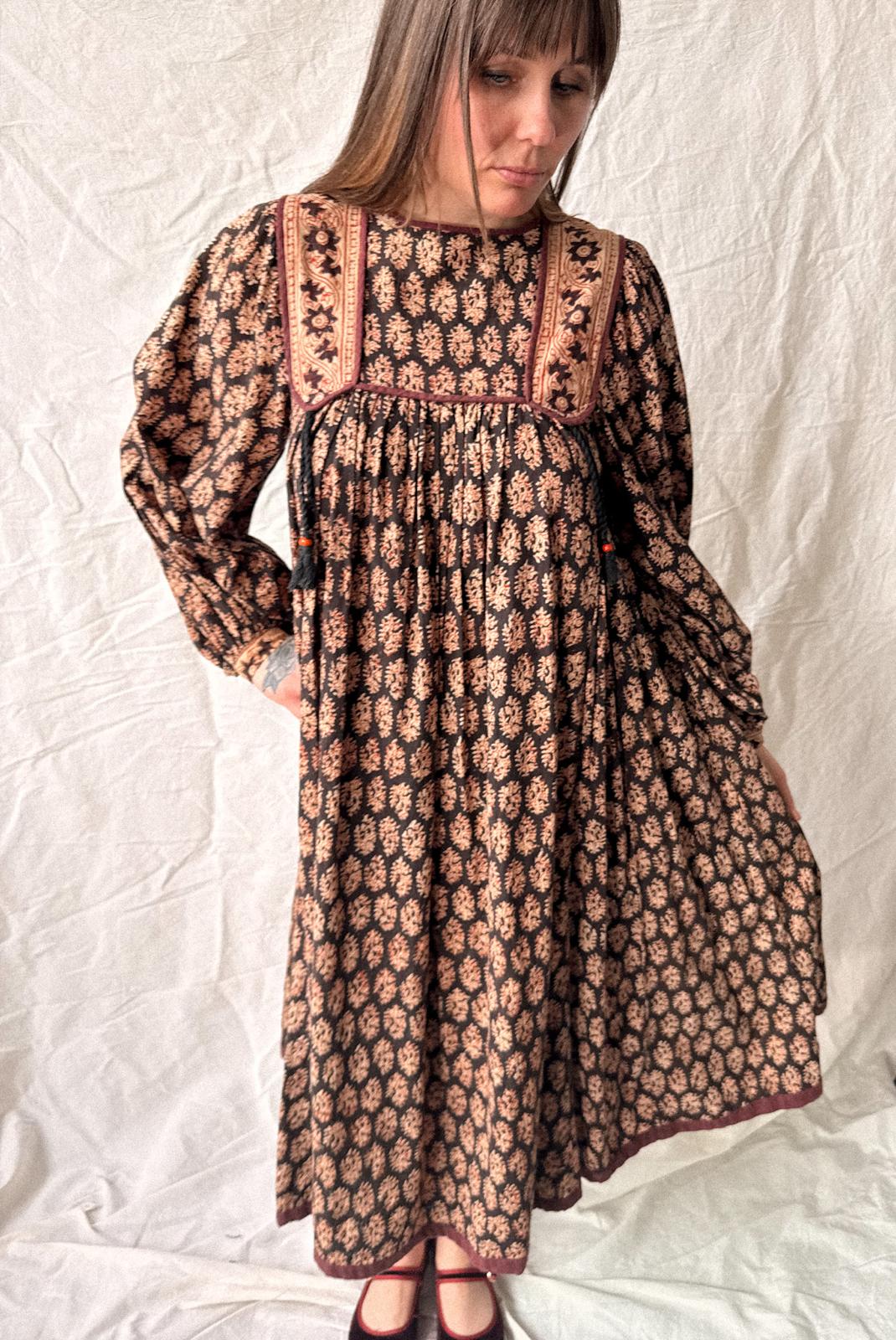 1970s Phool Hand Block Printed Cotton Midi Dress