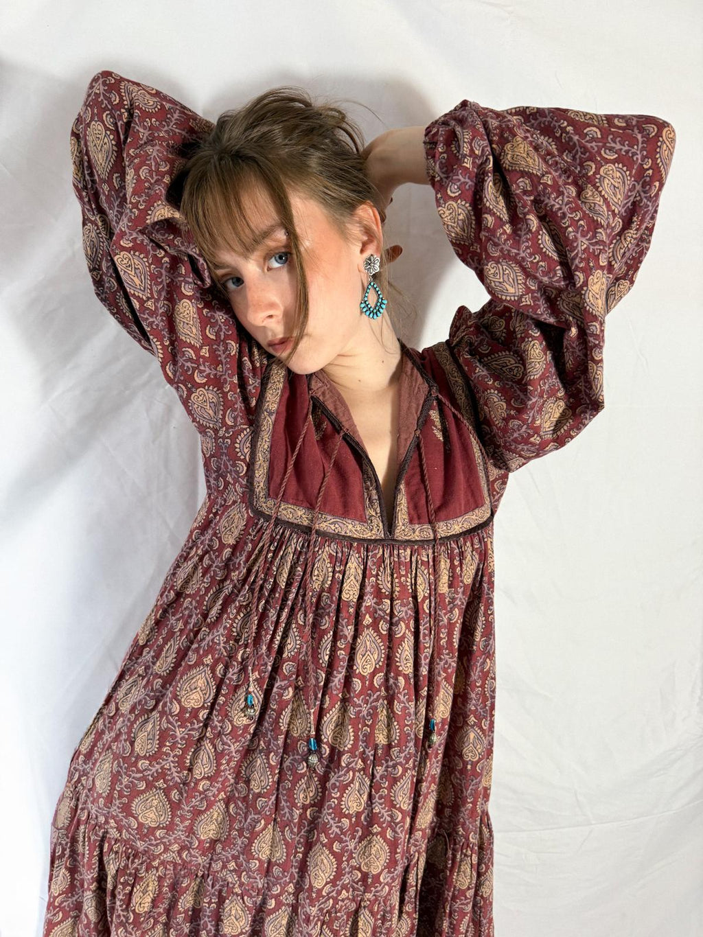 1970s Indian Block Print Cotton Dress with Tiered Skirt and Beaded Tassels