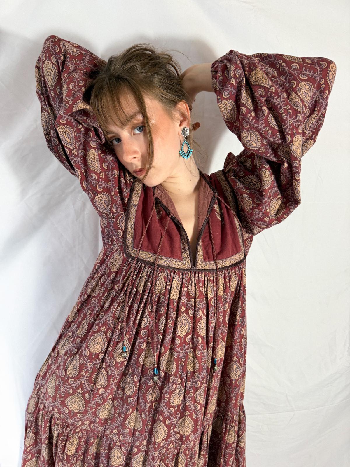 1970s Indian Block Print Cotton Dress with Tiered Skirt and Beaded Tassels