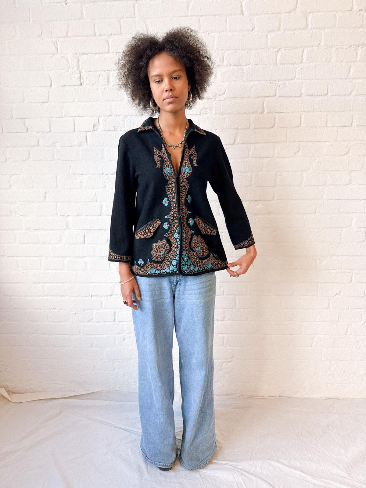 1920s–30s Black Wool Jacket with Kashmiri-Style Floral Embroidery
