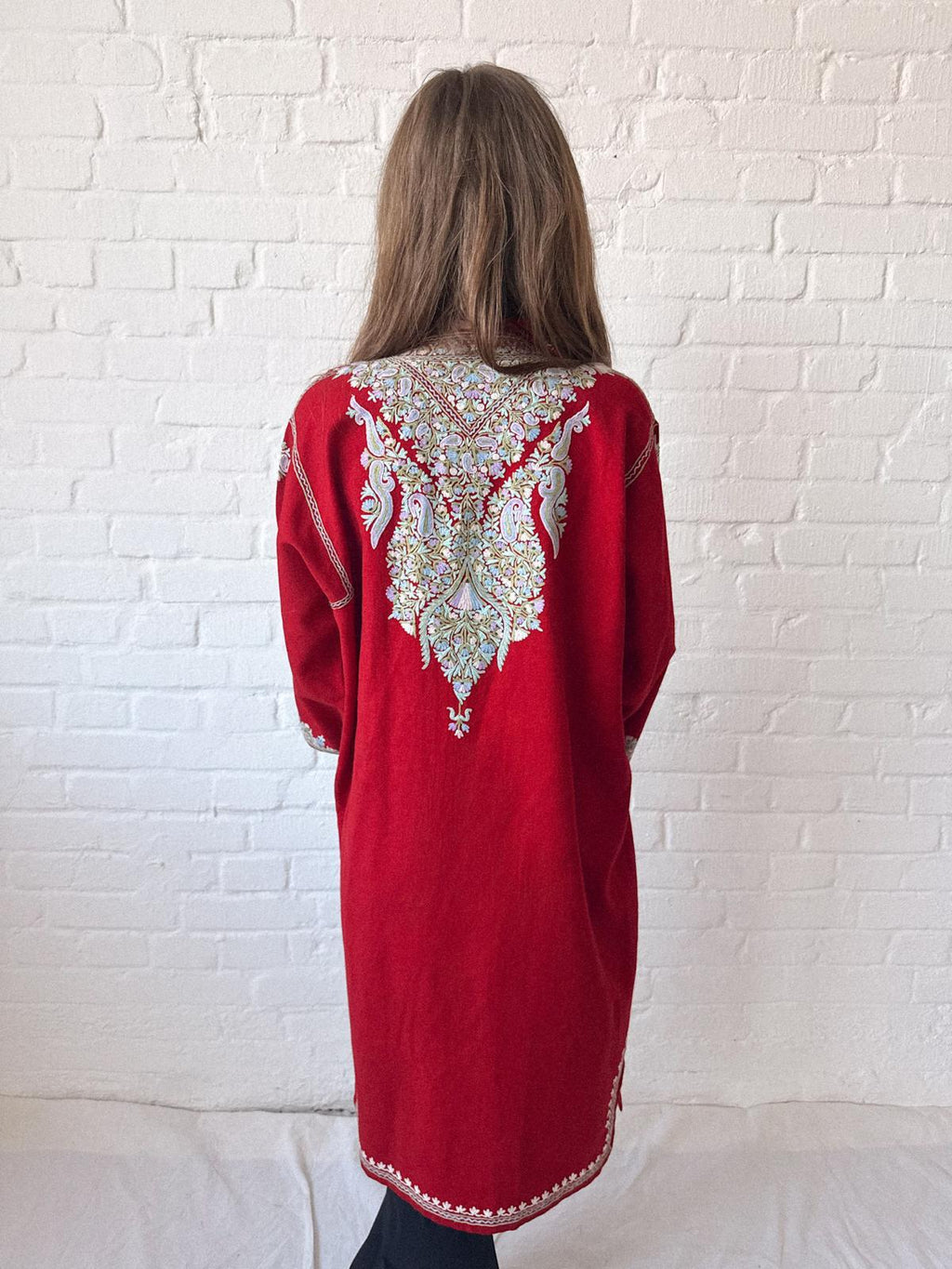 1920s–30s Kashmiri Embroidered Red Pashmina Wool Duster Coat