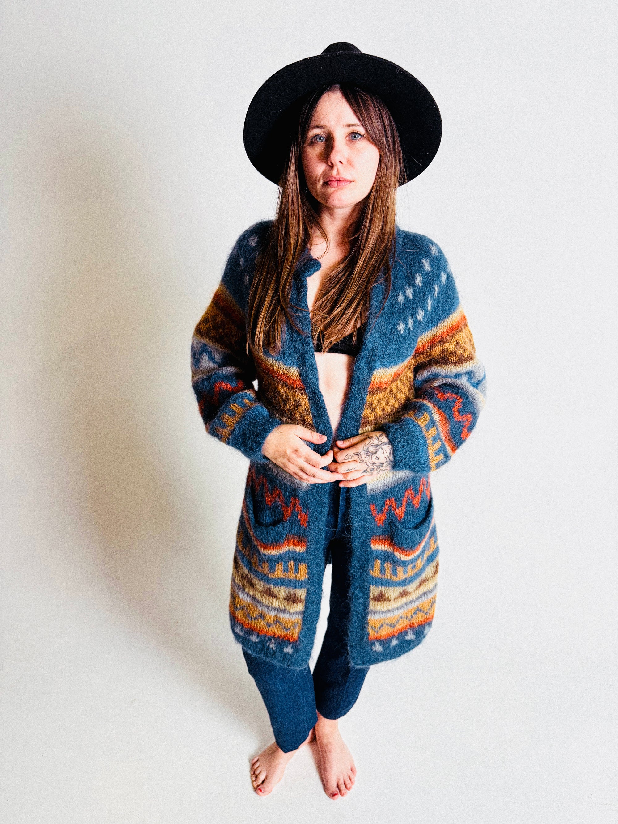 1970s/80s Long Mohair Cardigan with Nordic Pattern