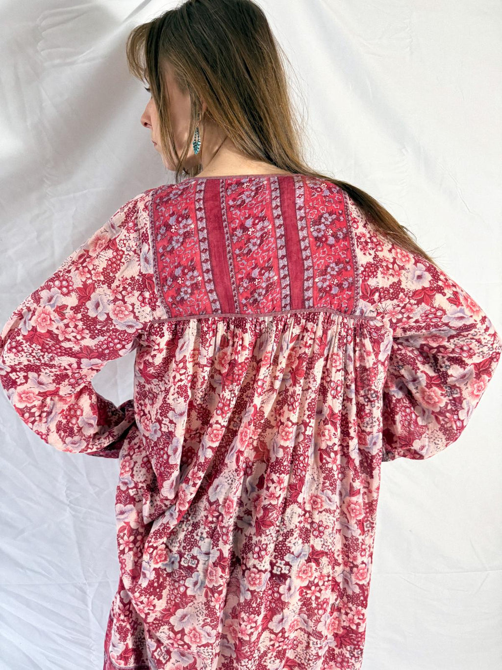 1970s Raspberry Blossom Cotton Gauze Dress