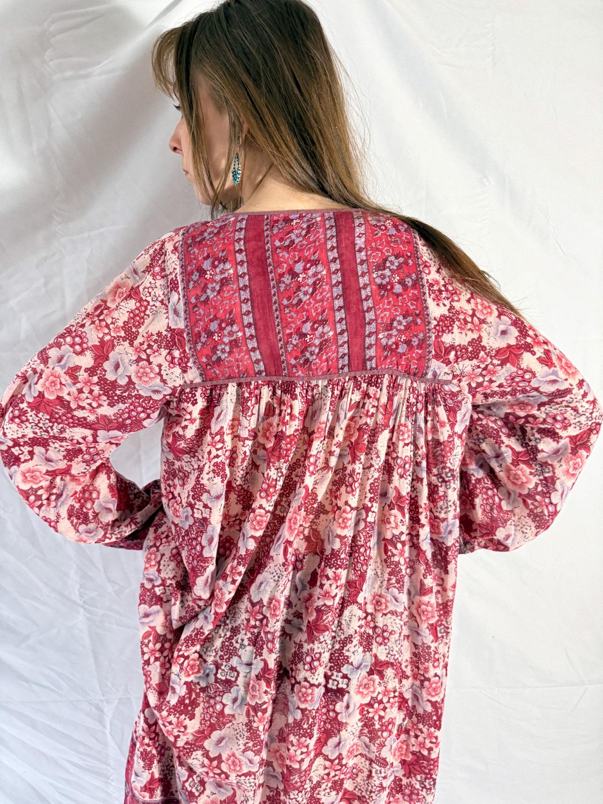 1970s Raspberry Blossom Cotton Gauze Dress