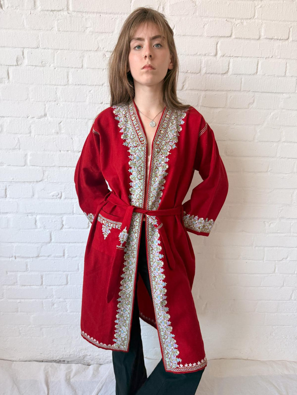 1920s–30s Kashmiri Embroidered Red Pashmina Wool Duster Coat