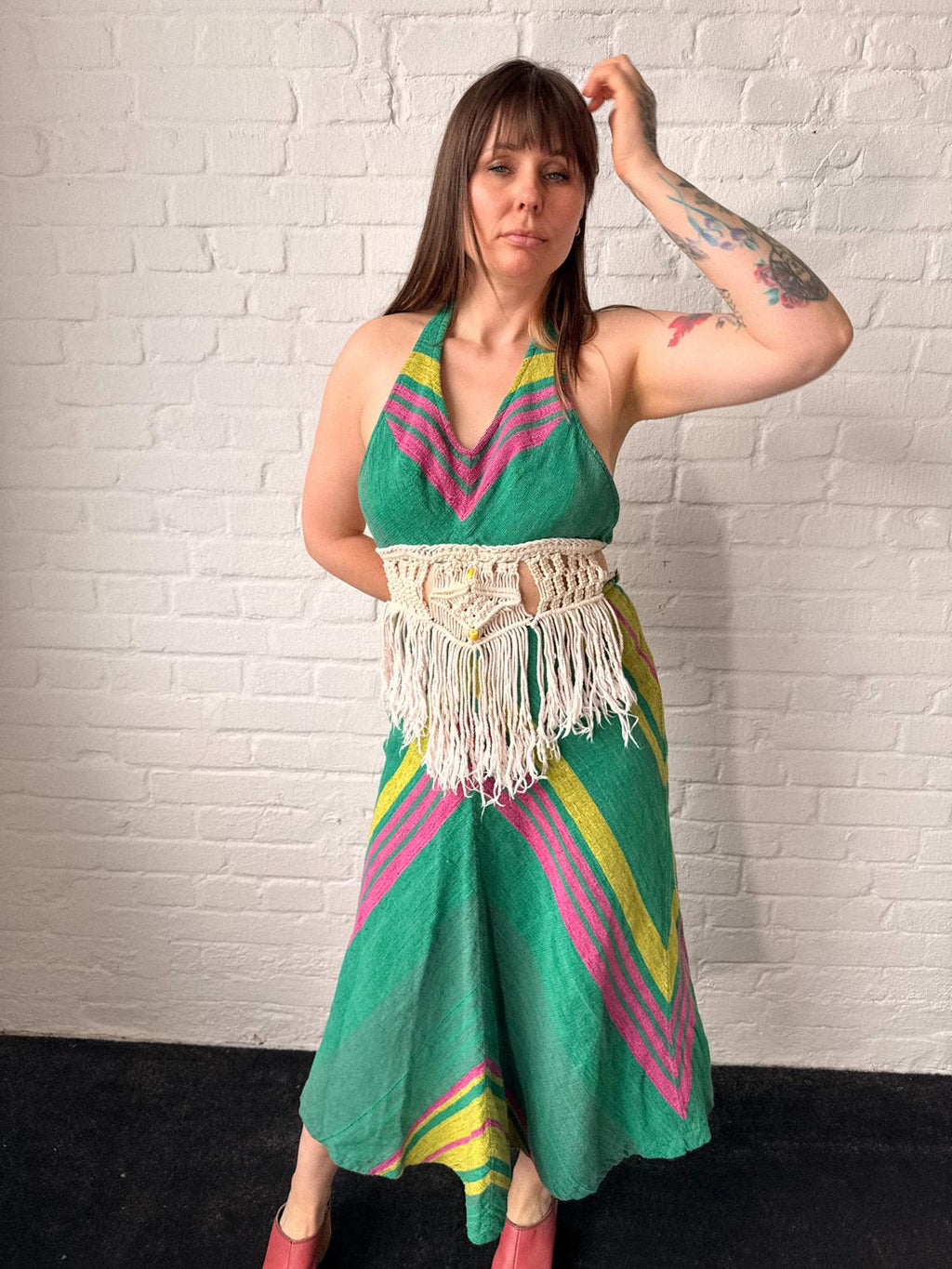 1970s Handwoven Halterneck Maxi Summer Dress with Macramé Fringe Waist Detail