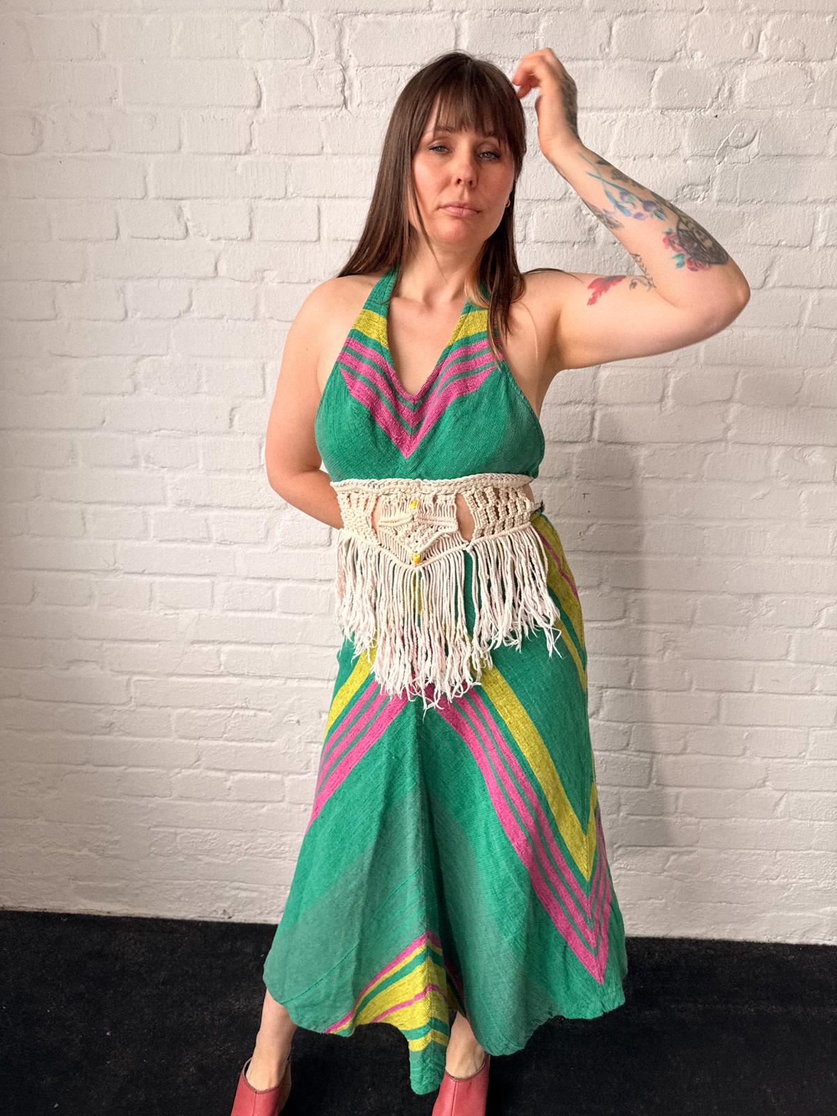 1970s Handwoven Halterneck Maxi Summer Dress with Macramé Fringe Waist Detail