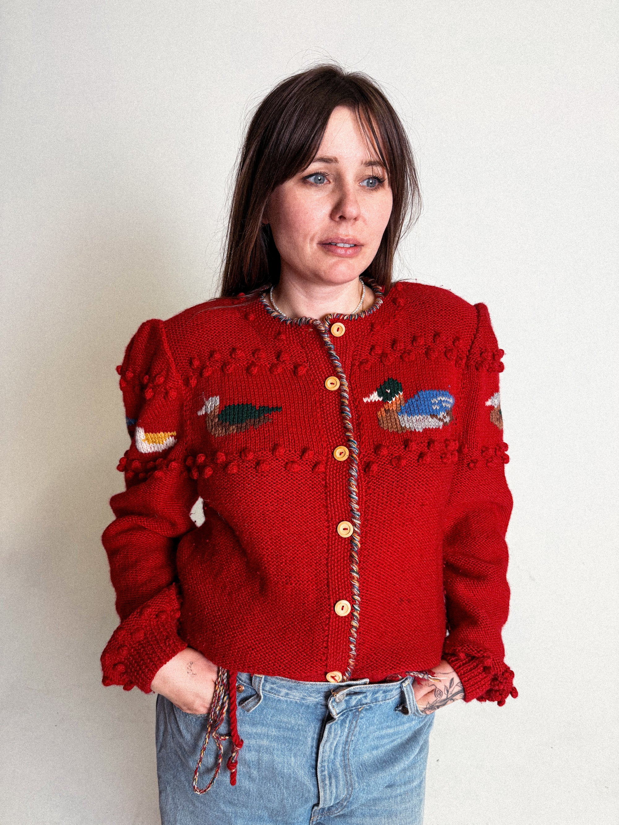 Vintage Woolen Folk Cardigan with Duck Motif by Pinelli