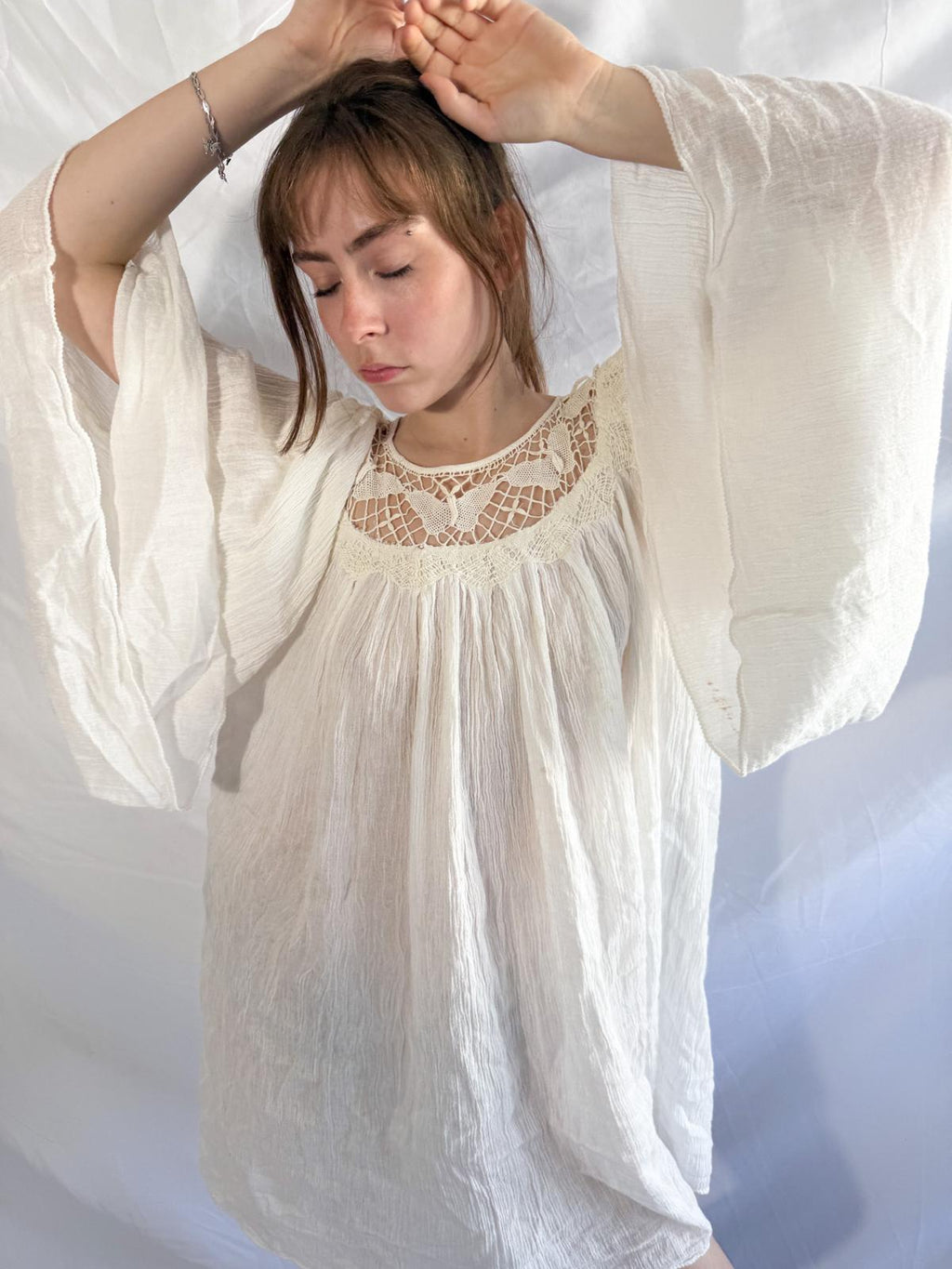 1970s Cotton Gauze Tunic with Butterfly Crochet Neckline
