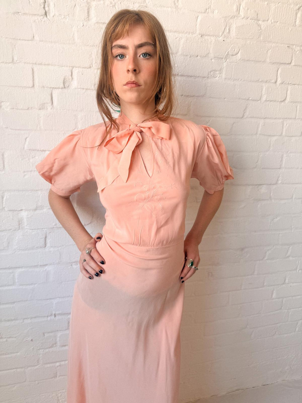 1930s Salmon Pink Silk Bias Cut Maxi Nightgown with Pussy Bow & Embroidery