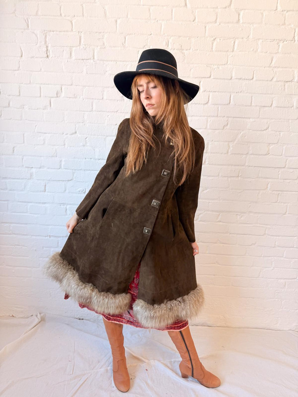 1970s Brown Suede Penny Lane Princess Coat with Statement Metal Fastenings