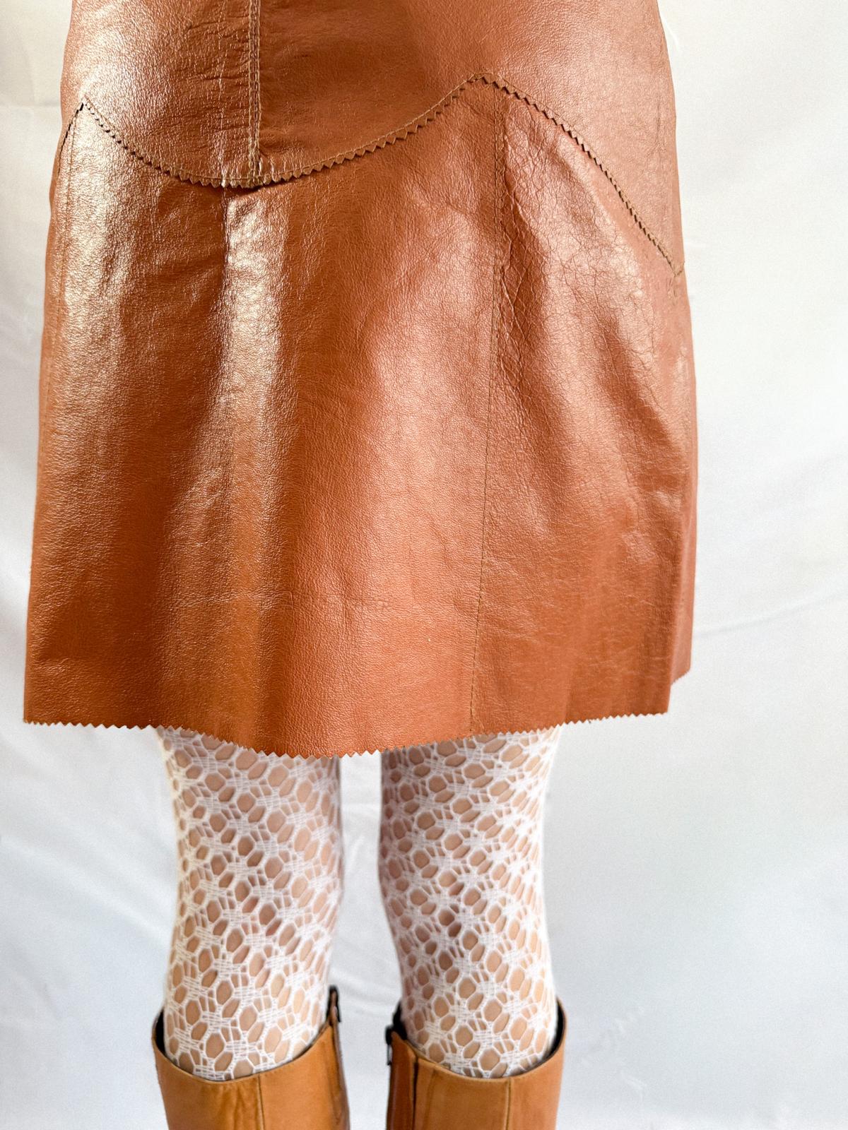 1970s Genuine Leather Mini Skirt – Caramel Brown Button Front Lambskin Skirt