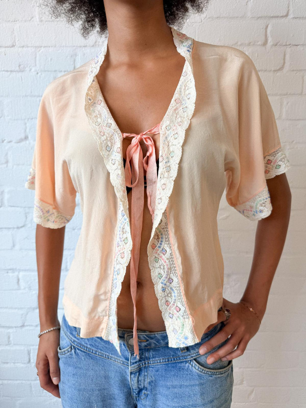 1940s Peach Silk Bed Jacket with Pastel Floral Lace