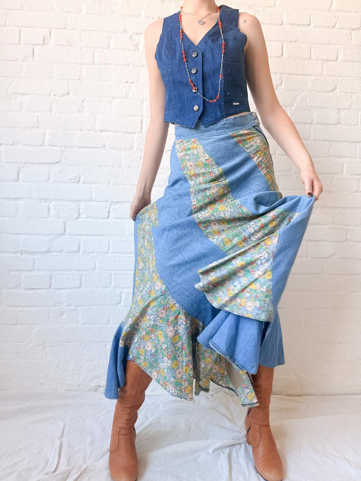 1970s Asymmetrical Patchwork Chambray & Floral Maxi Skirt