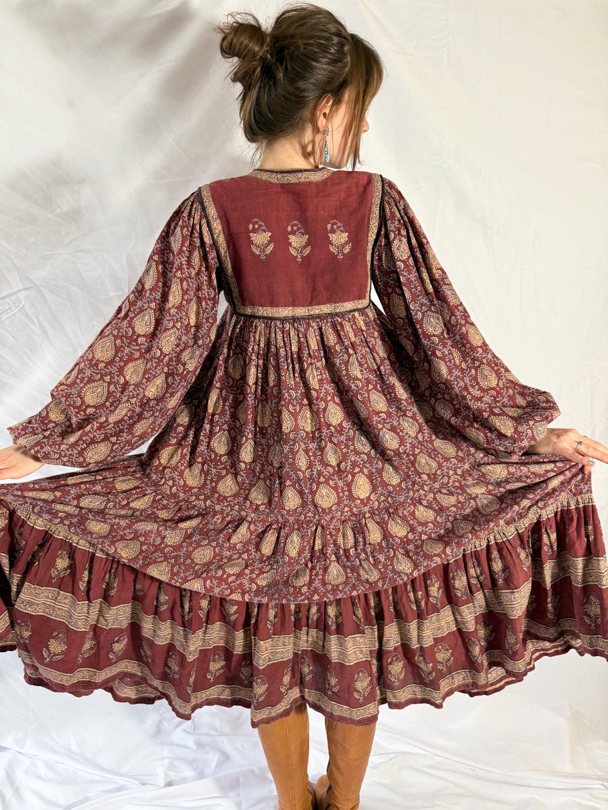 1970s Indian Block Print Cotton Dress with Tiered Skirt and Beaded Tassels