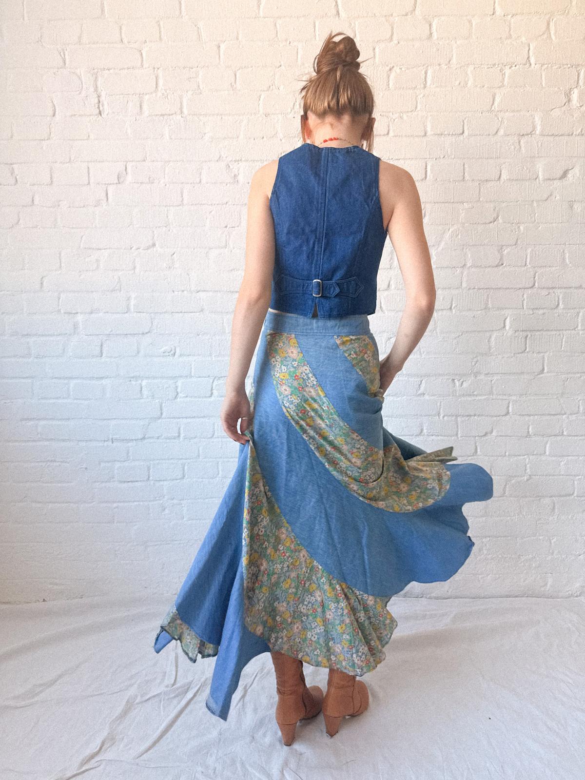 1970s Asymmetrical Patchwork Chambray & Floral Maxi Skirt