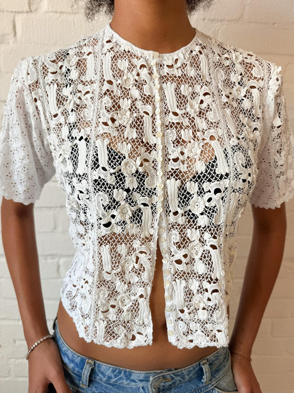 Edwardian 1900s–1910s Handmade Irish Crochet Guipure Lace & Broderie Anglaise Blouse