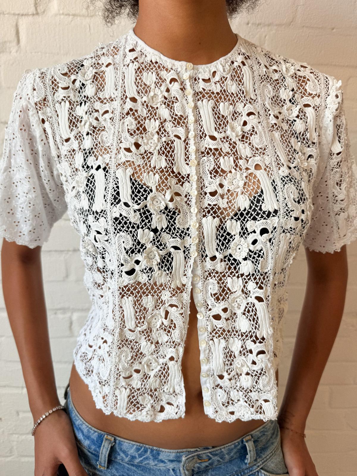 Edwardian 1900s–1910s Handmade Irish Crochet Guipure Lace & Broderie Anglaise Blouse