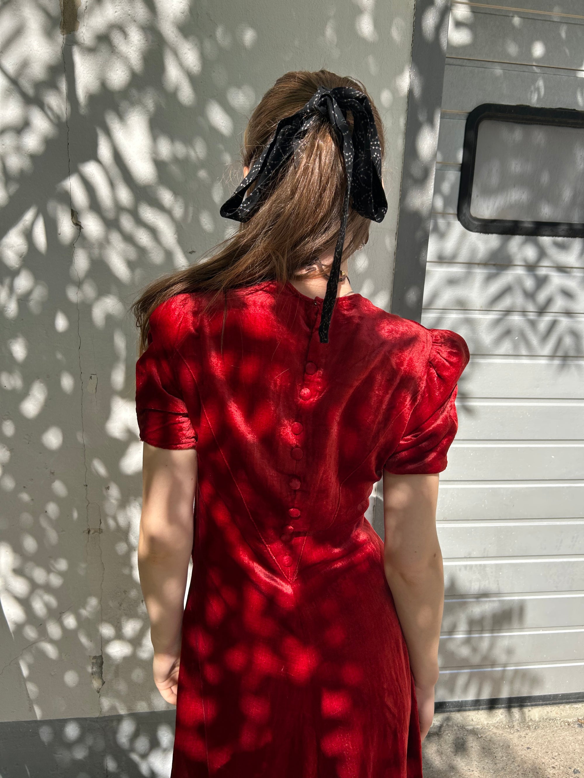 Crimson Silk velvet late 1930s / early 40s Button-Up Dress