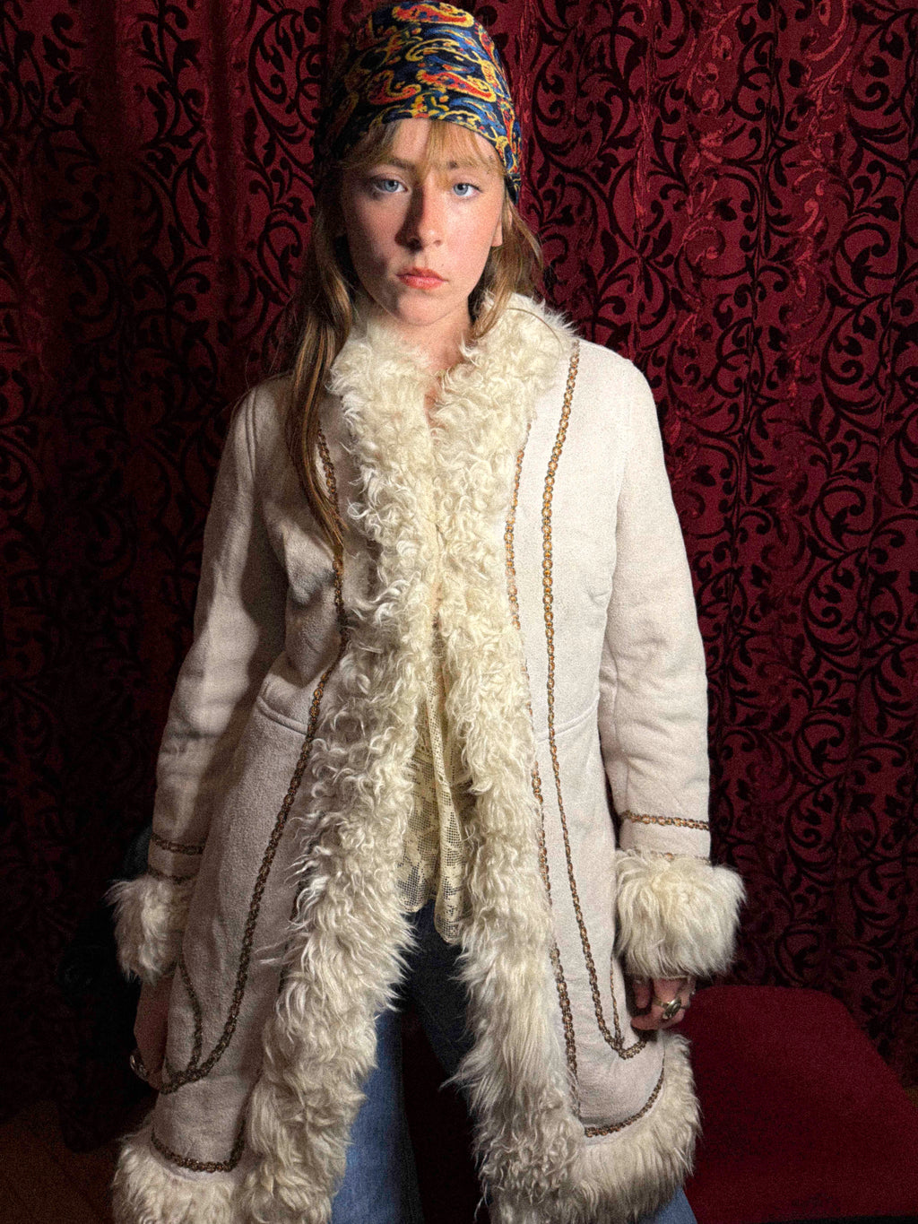 Rare 1970s Mongolian Sheepskin Coat in Soft Cream Suede