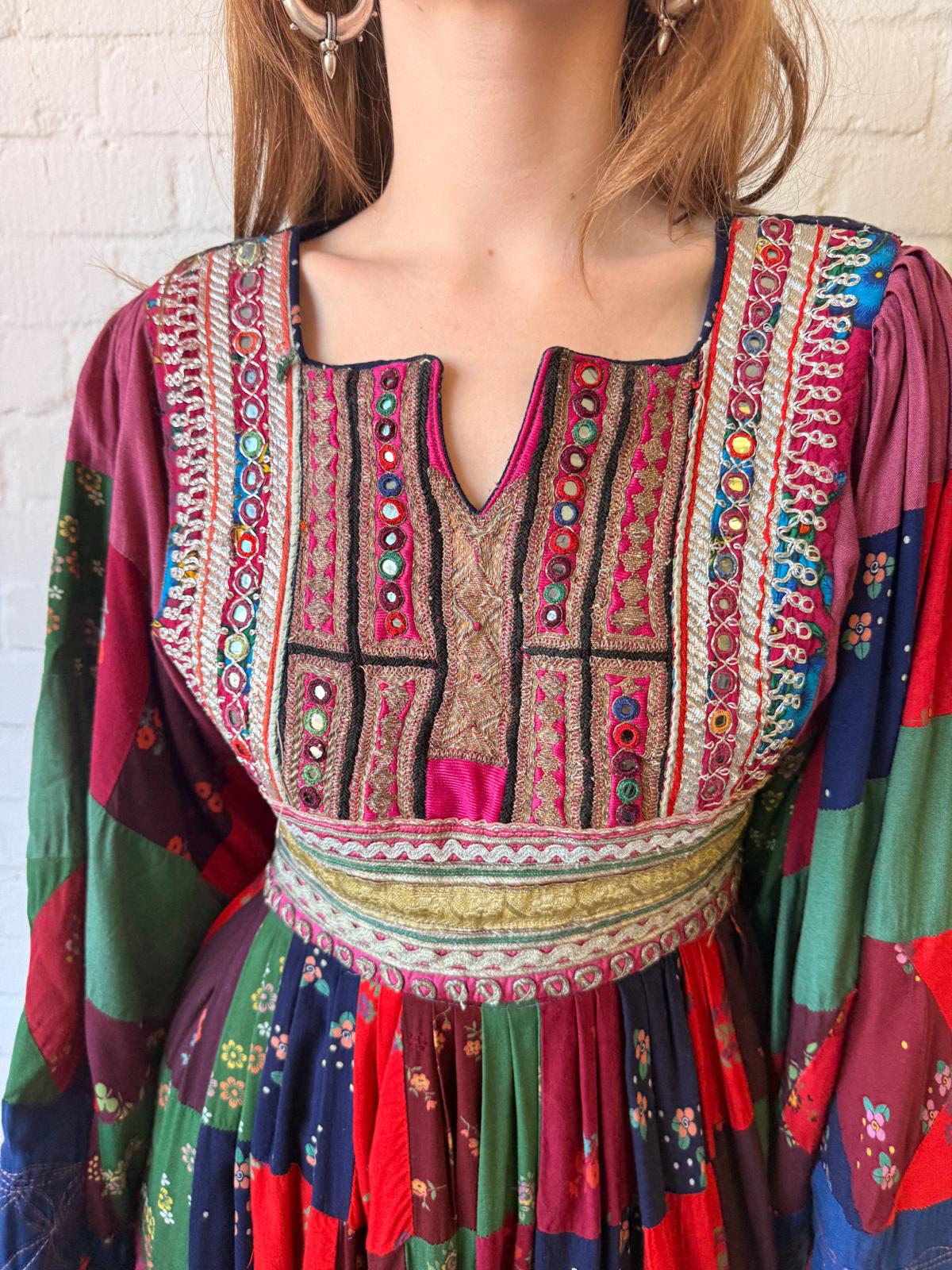 1970s Afghan-Style Patchwork Maxi Dress with Mirrorwork Embroidered Bodice