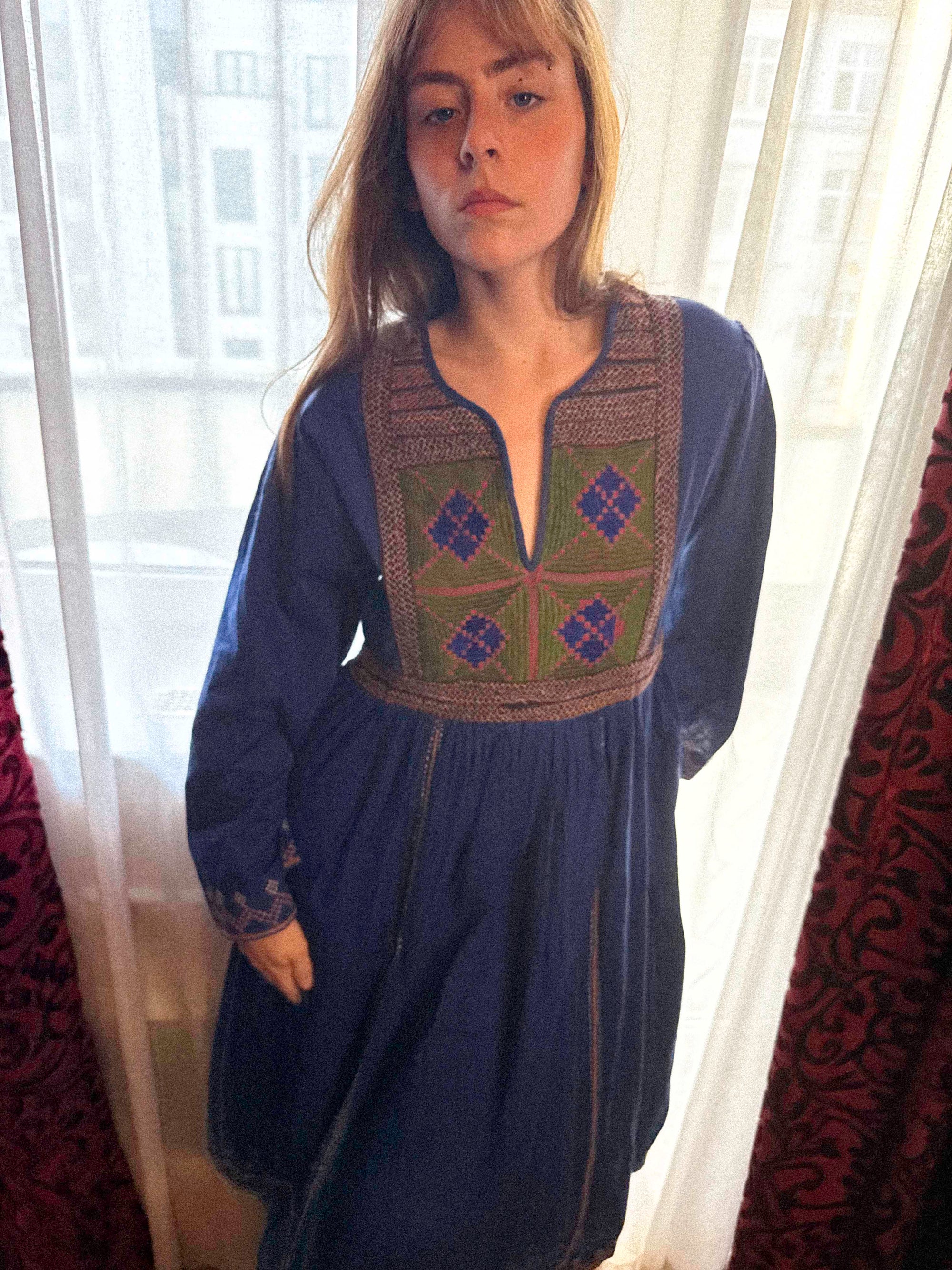 1970s Afghan Cotton Dress in Ultramarine Blue with Embroidery | Kabul Imports