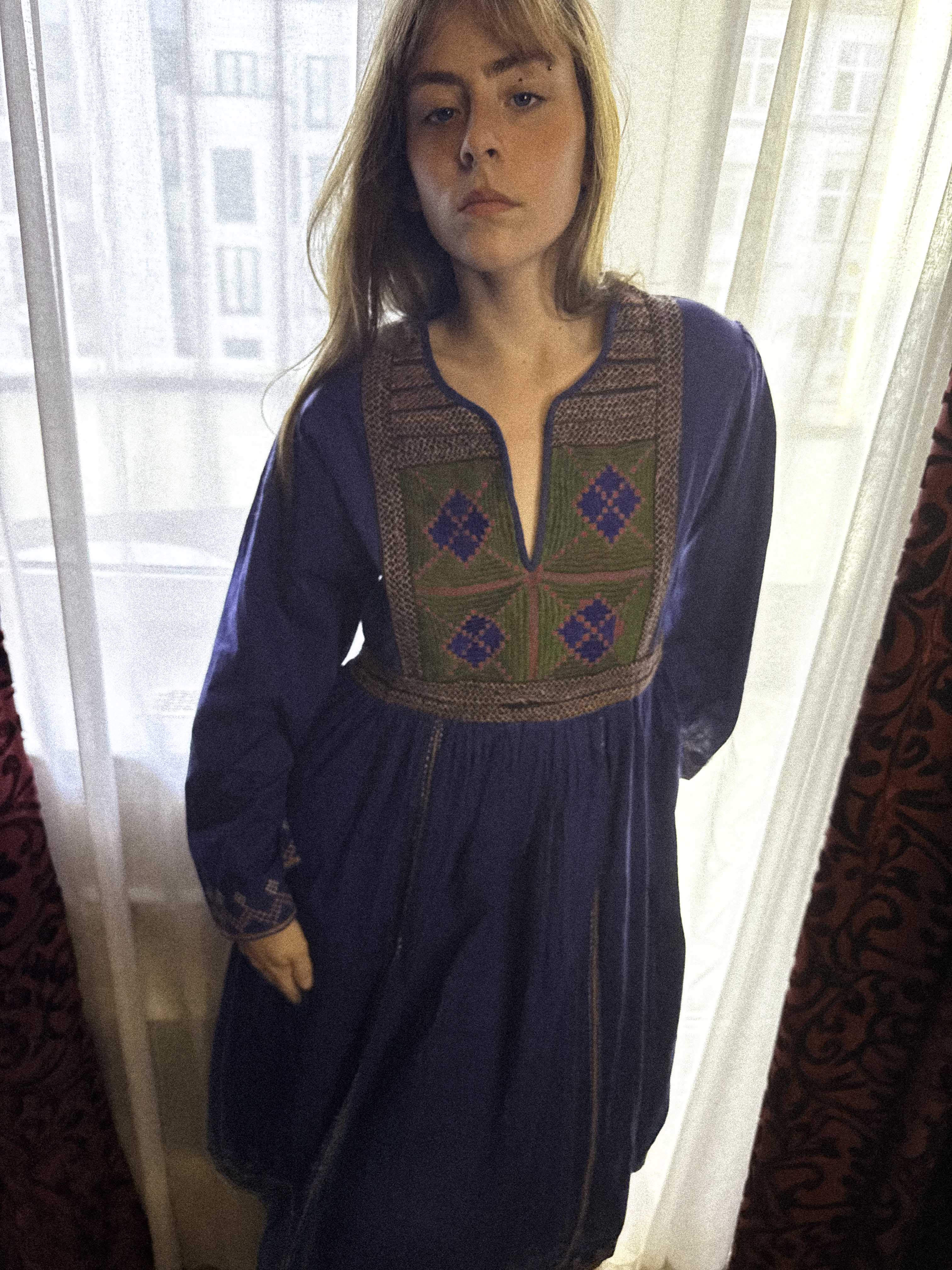 1970s Afghan Cotton Dress in Ultramarine Blue with Embroidery | Kabul Imports