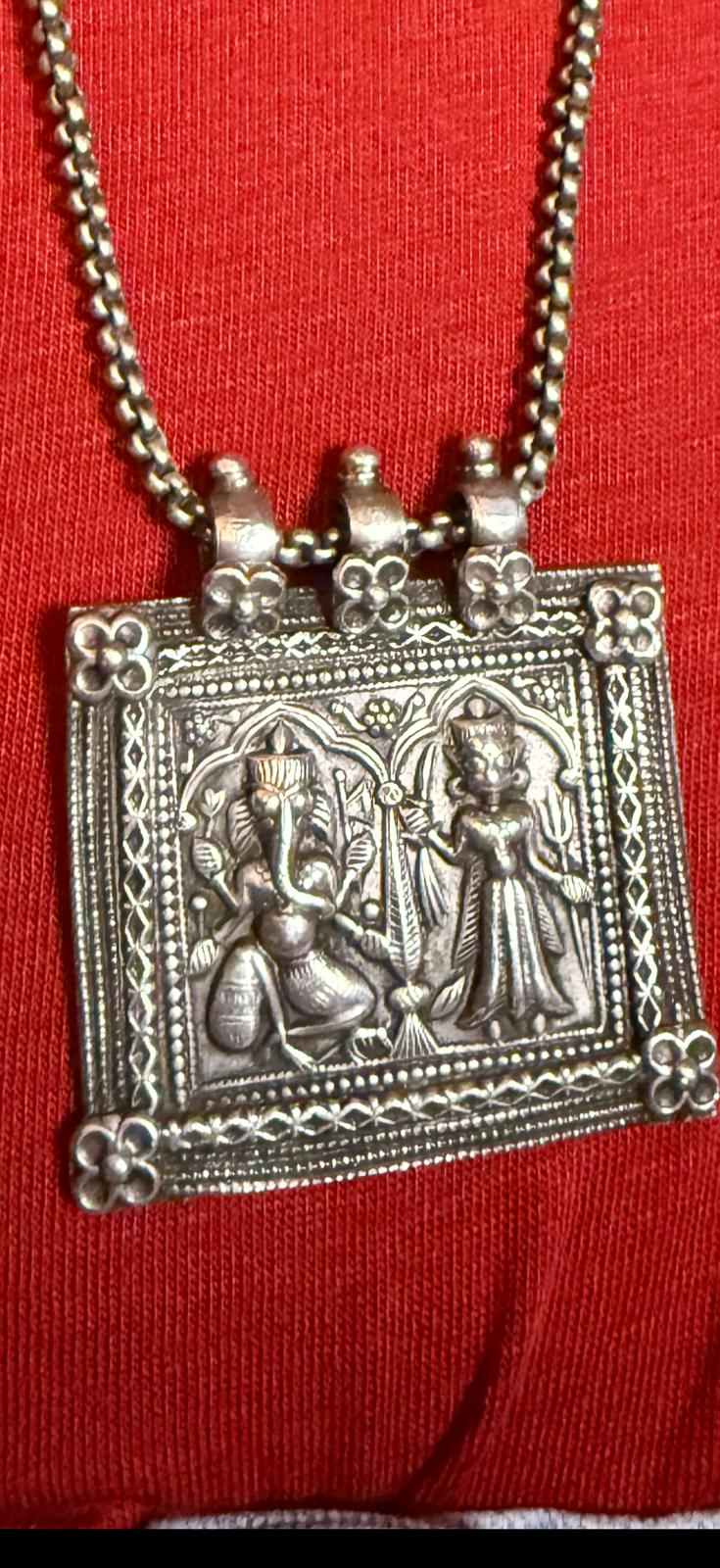 Vintage Indian Silver Devotional Amulet Necklace (Ganesh & Lakshmi)