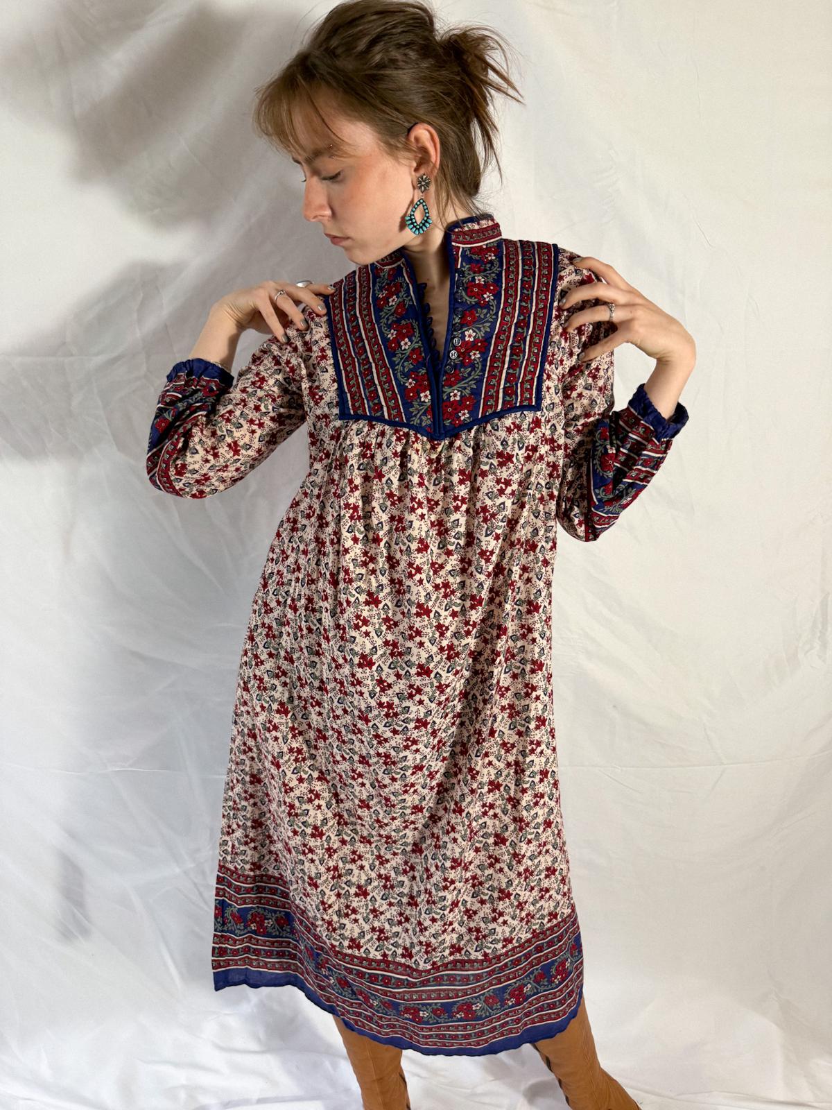 1970s-80s Blockprint Cotton Dress with Quilted Yoke