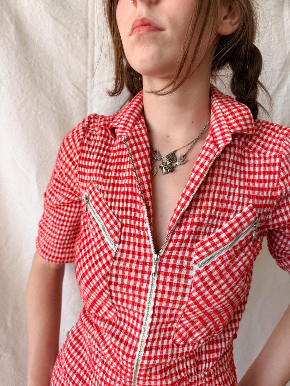 1970s Betty Barclay Red Gingham Zip Front Jumpsuit