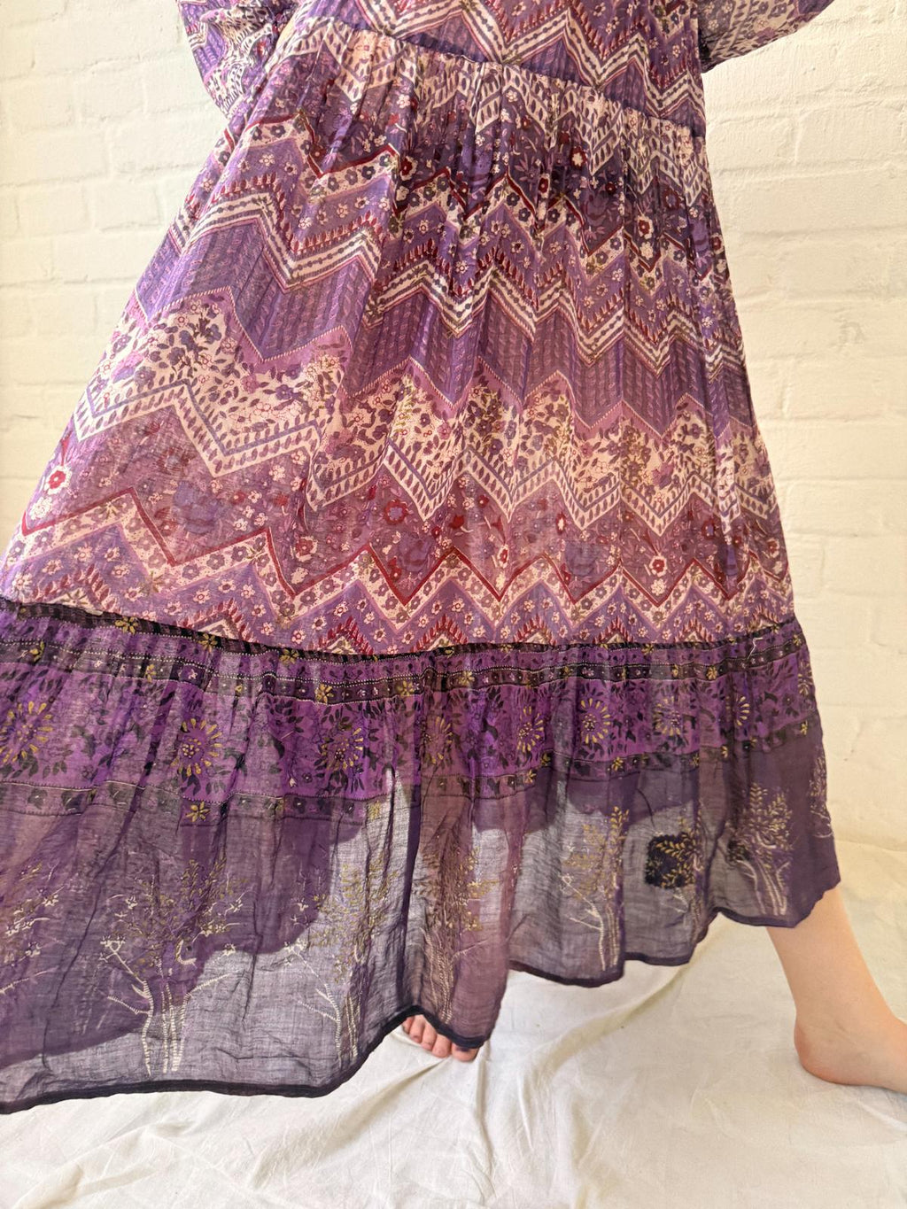 1970s Indian Cotton Gauze Maxi Dress with Tree Print and Gold Stamped Details
