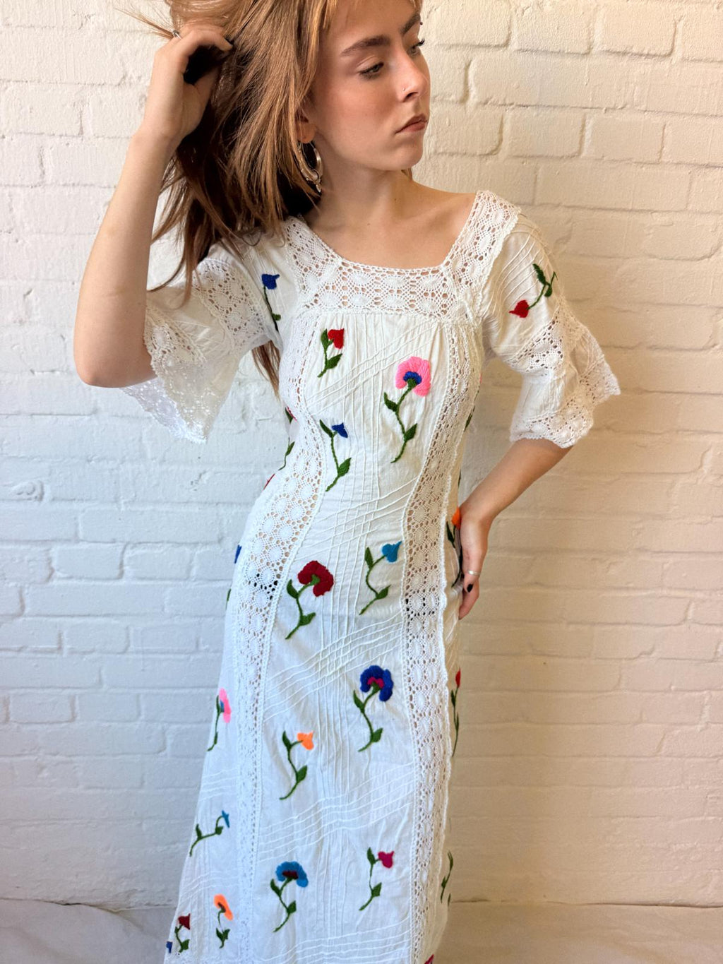 1970s Mexican-Style Embroidered Cotton & Crochet Maxi Dress