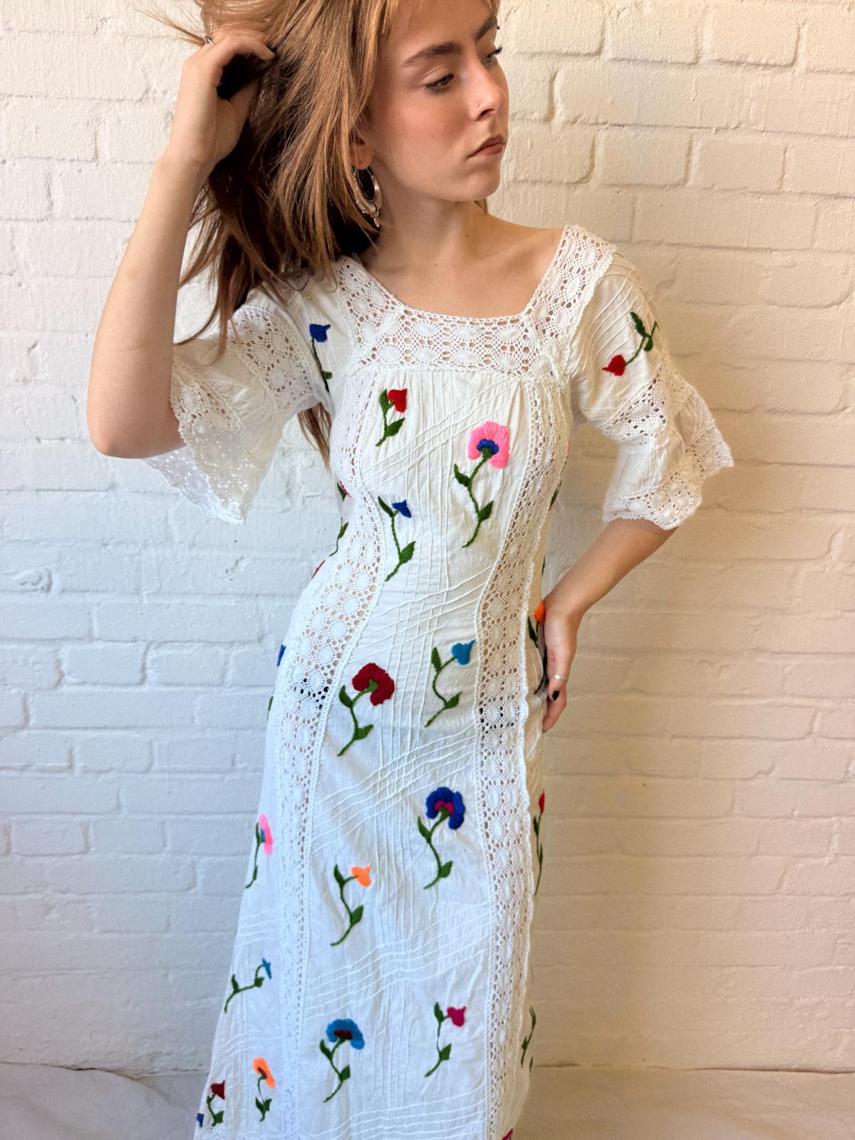 1970s Mexican-Style Embroidered Cotton & Crochet Maxi Dress