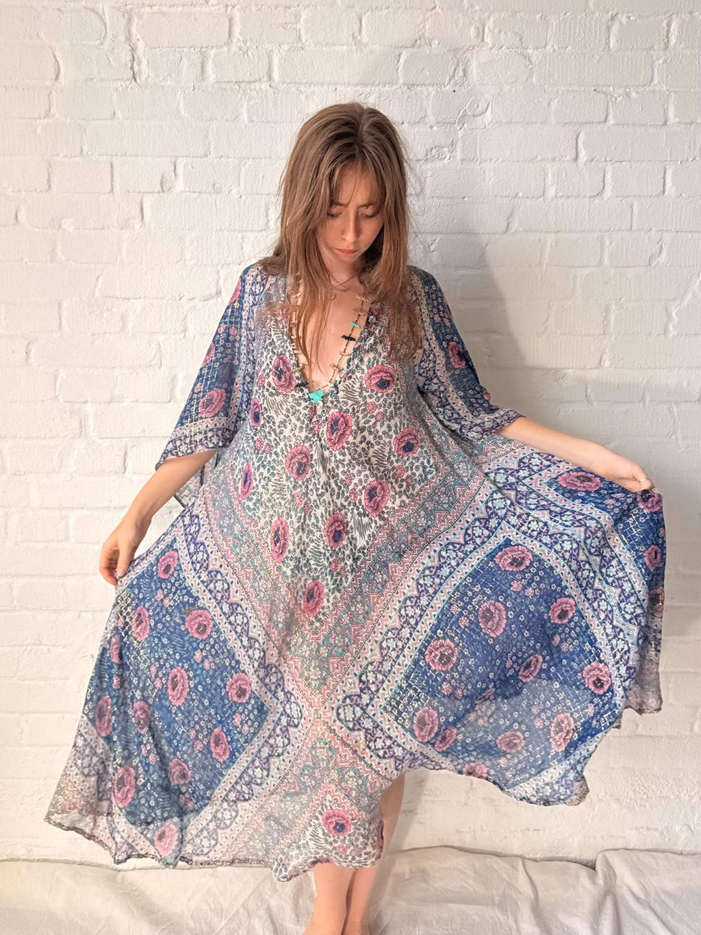 1970s Adini Floral Gauze Gold Lurex Caftan
