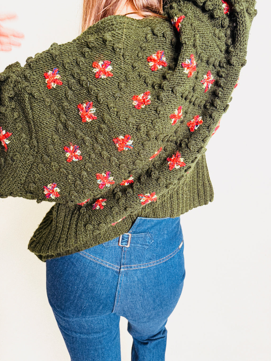 70s-80s Wool Handknit Popcorn and Flowers Cardigan with Glitter Buttons