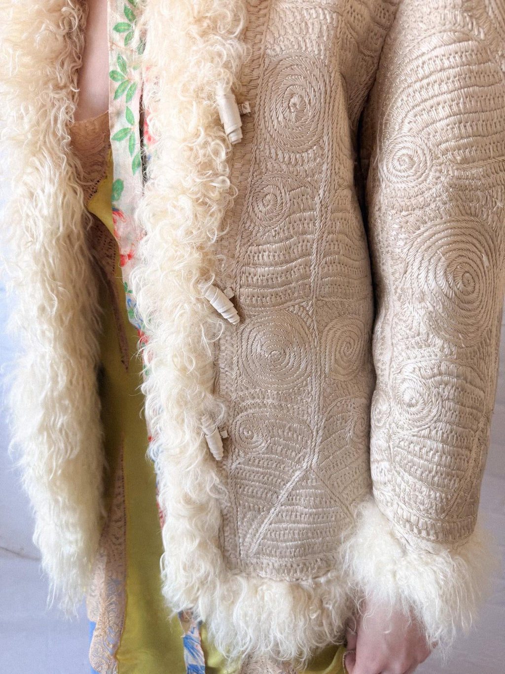 Rare 1960s–70s Fully Embroidered Afghan Style Shearling Jacket – Pearl Cream