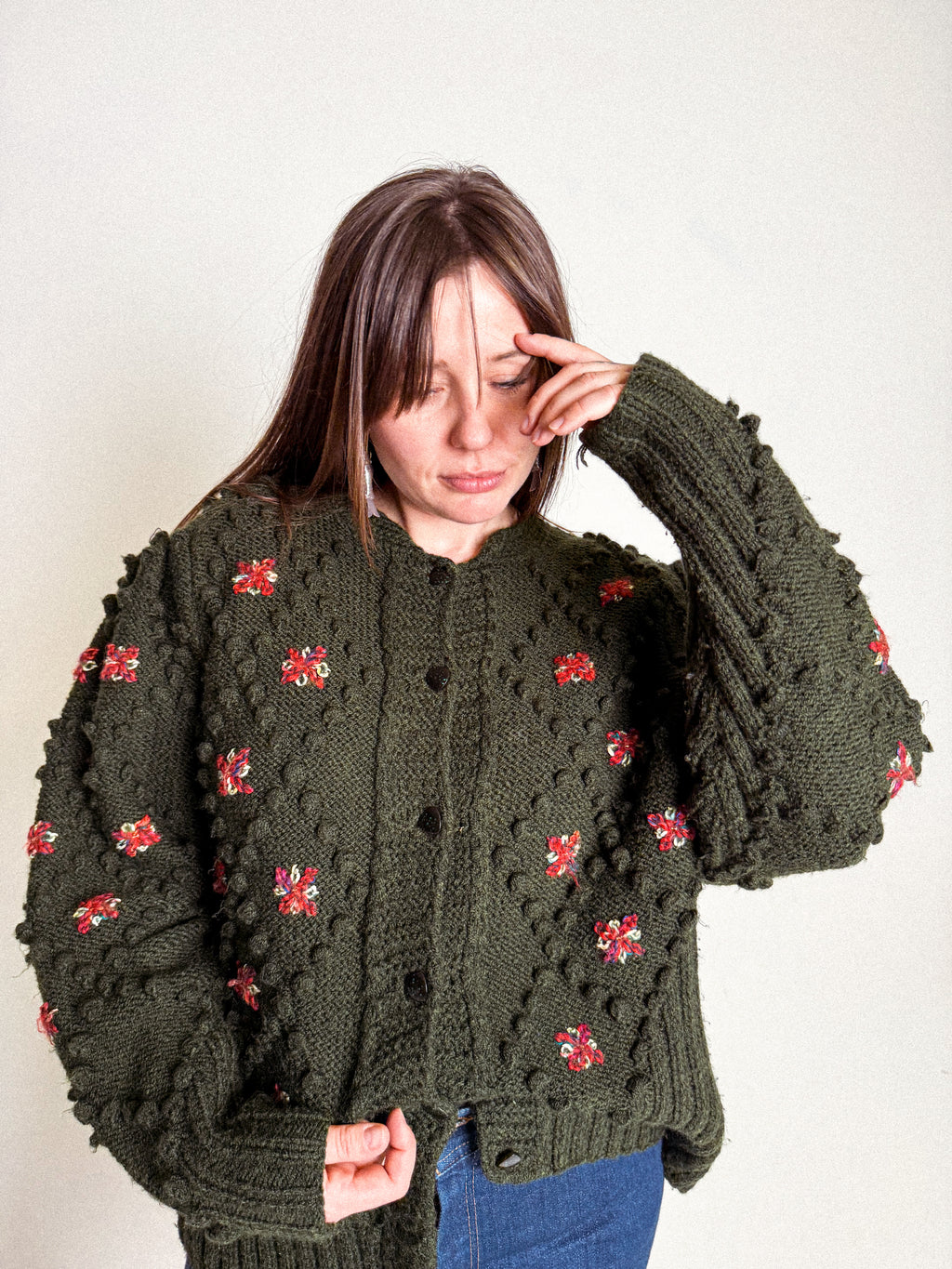 70s-80s Wool Handknit Popcorn and Flowers Cardigan with Glitter Buttons