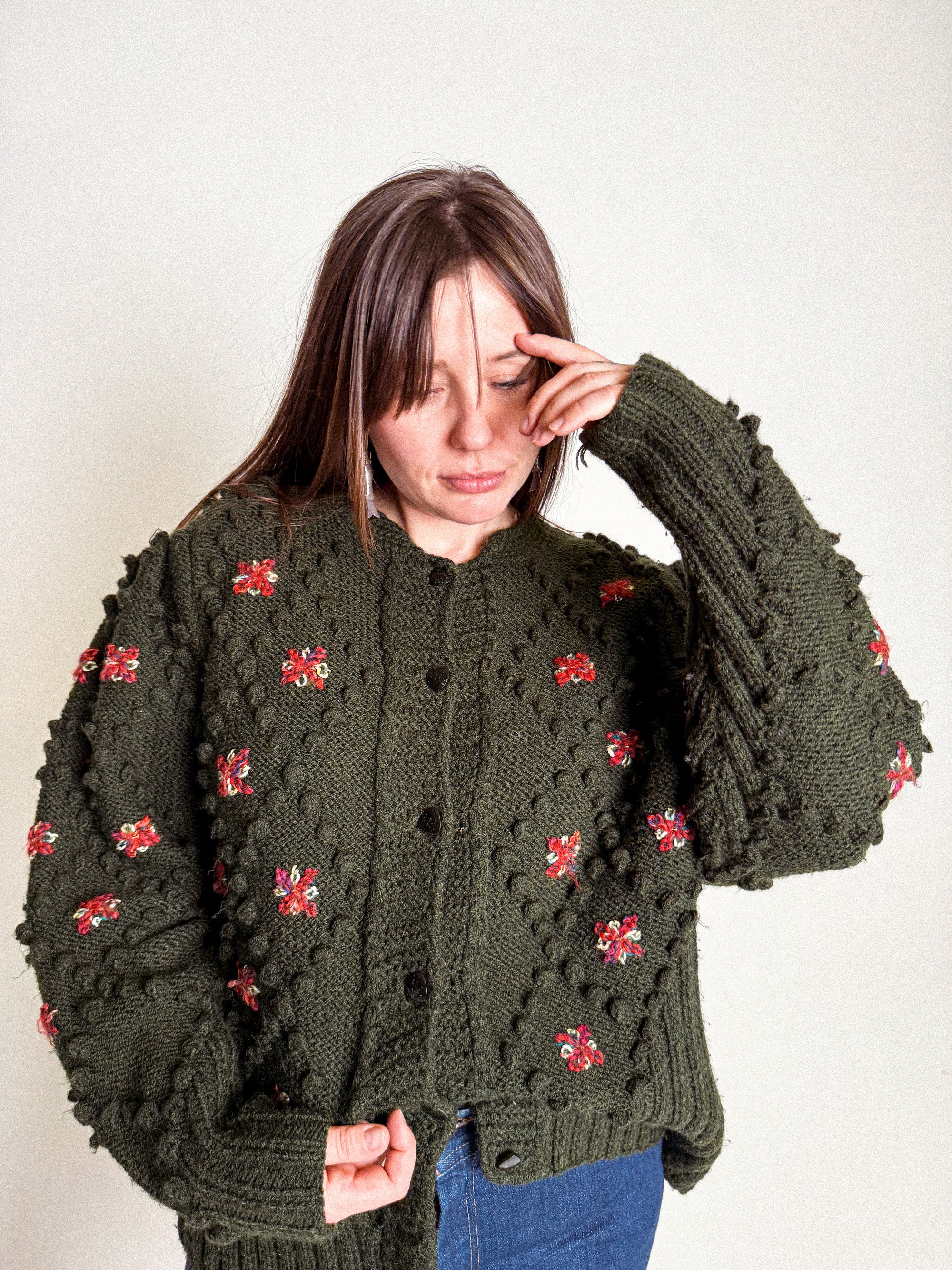 70s-80s Wool Handknit Popcorn and Flowers Cardigan with Glitter Buttons