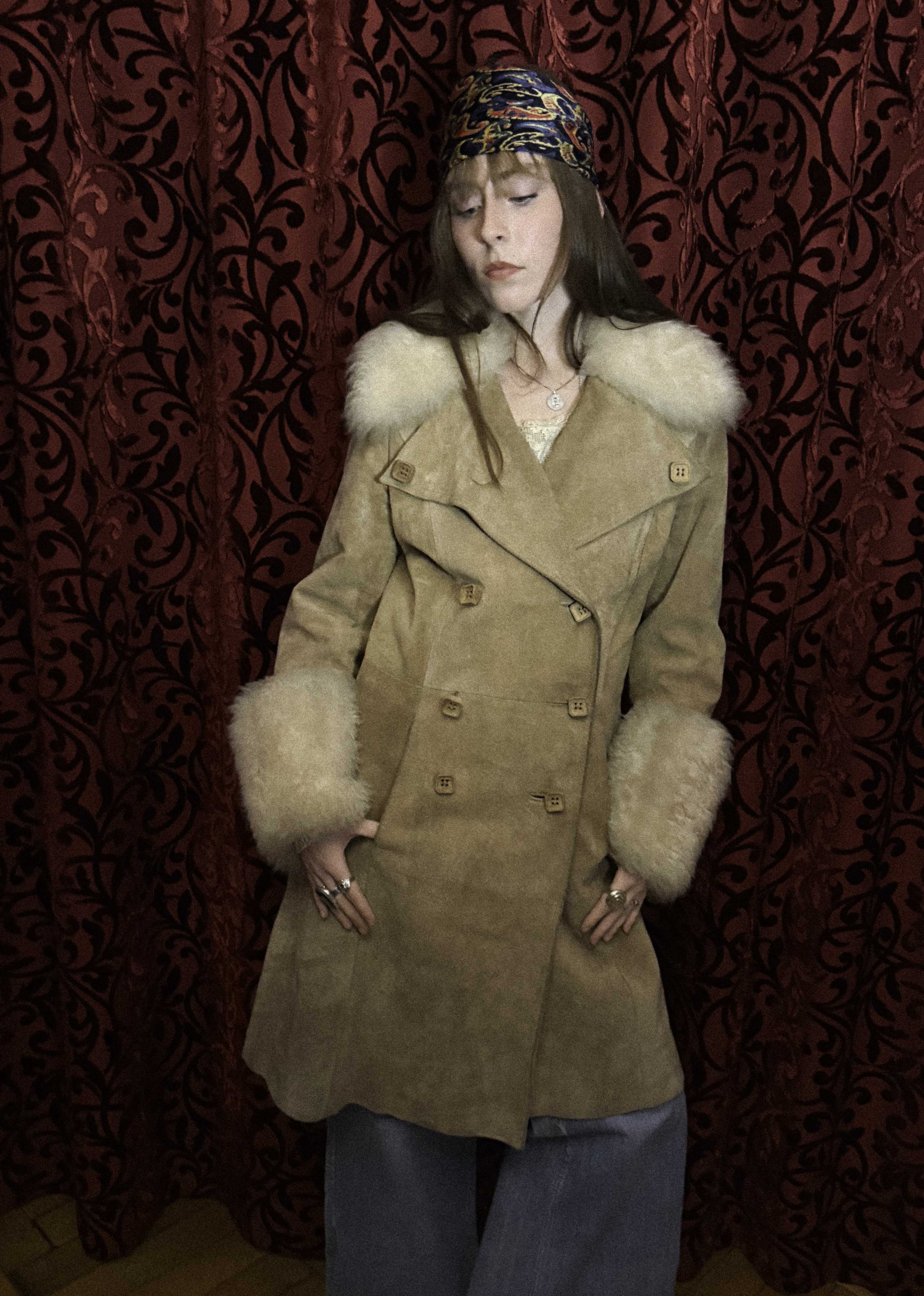 1970s Beige/Tan Suede Penny Lane Coat- Double-Breasted with Fur Collar and Cuffs