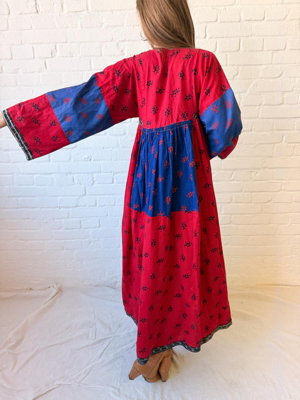 1970s Afghan Embroidered Maxi Dress – Red, Cobalt & Lavender